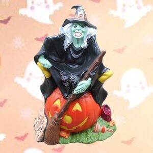 Vintage Halloween Ceramic Green Witch on Pumpkin Byron Molds 1972
